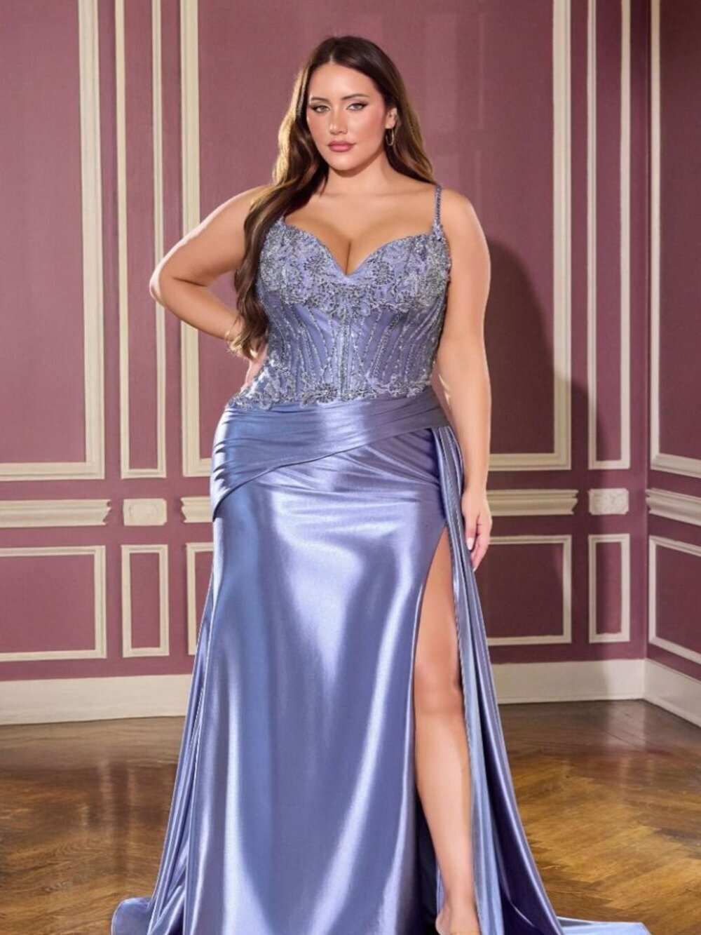 New Smoky Blue Sheath Plus Size Beads Embellished Festive Evening Gown CDS556C